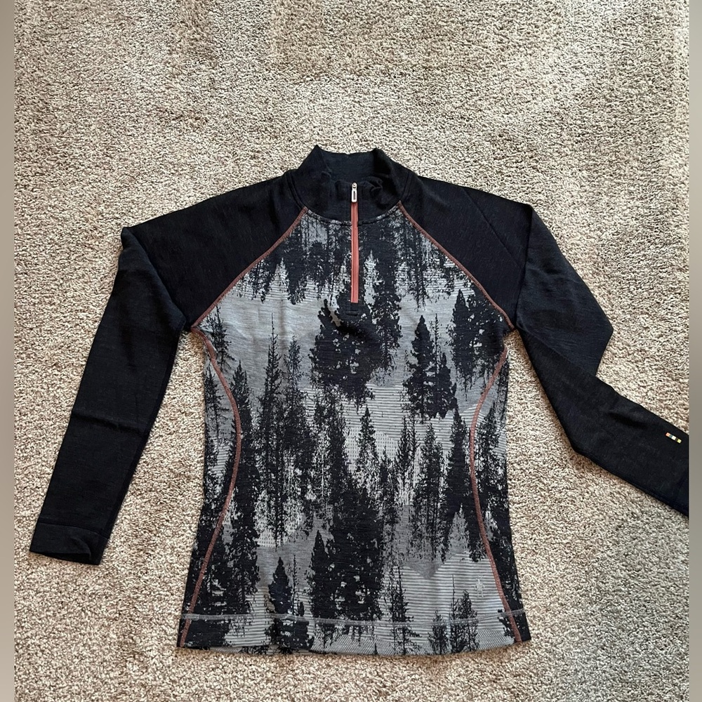 Smartwool 1/4 zip sweater (L). Black and grey with orange stitching and zipper.